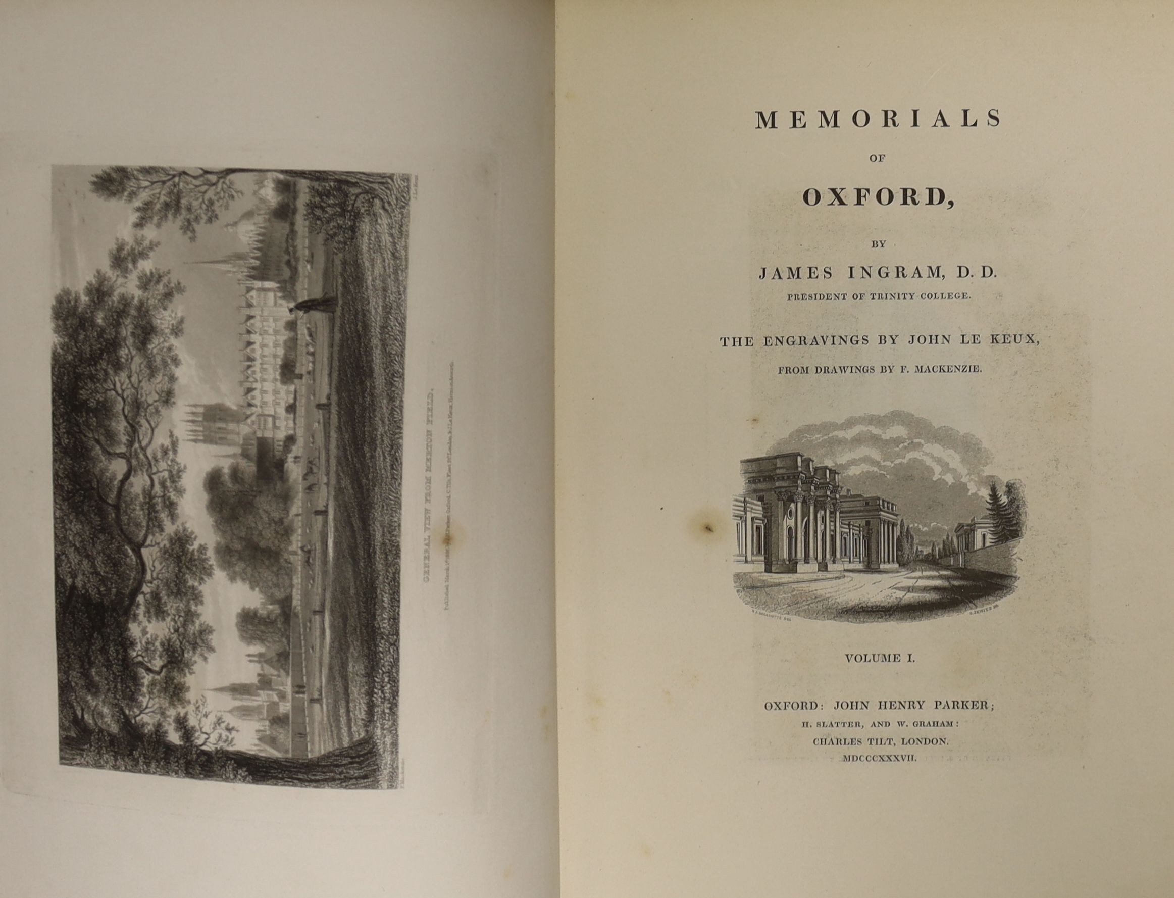 Ingram, James. Memorials of Oxford... the engravings by John Le Keux.... 3 vols. pictorial title vignettes, 100 steel engraved plates, a plan of the city, a num. text illus.; 19th cent. gilt ruled red half morocco and cl